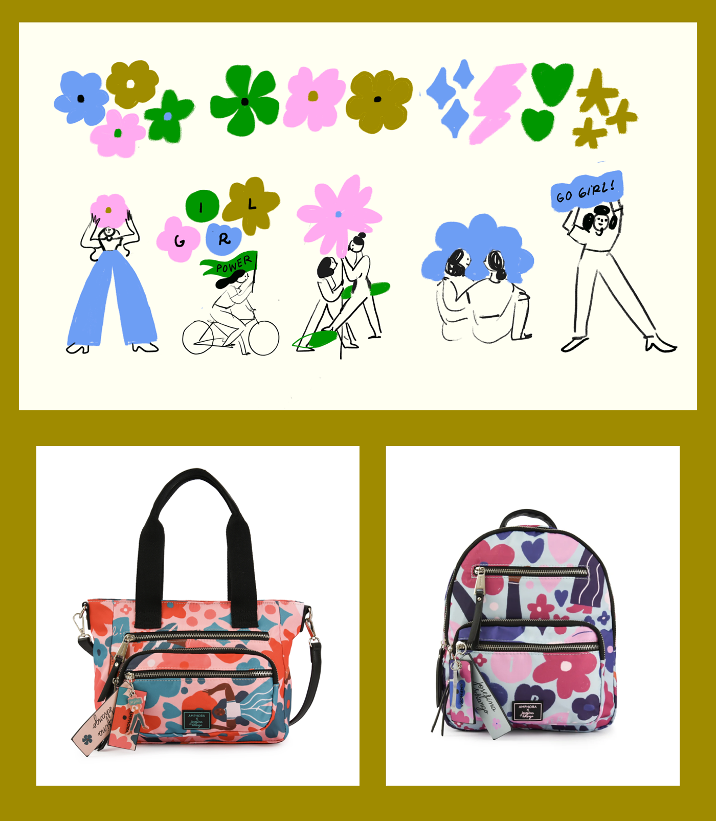 Patterns surface design product Flowers female character fashion design hippie bag design