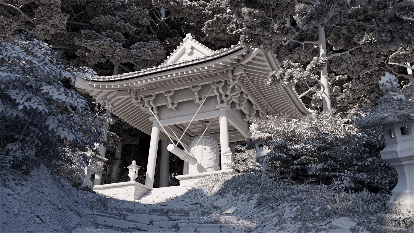 3ds max bell CGI forest japan japanese pagoda rendering substance Zbrush