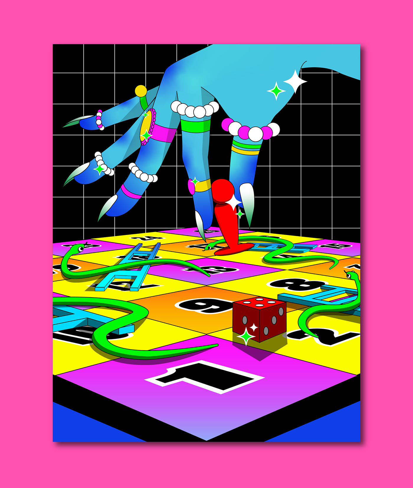 board game ILLUSTRATION  LUCIA PHAM neon snake and ladder