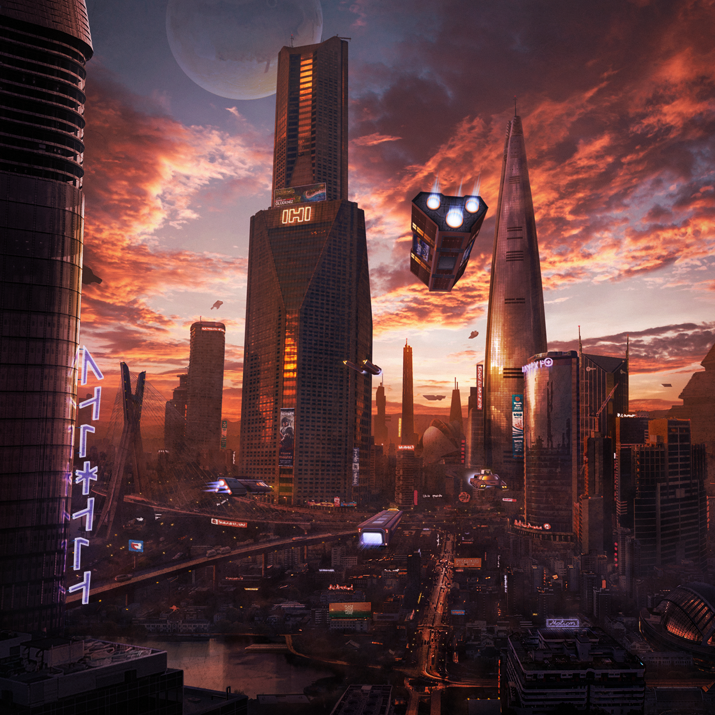 sci-fi planet future city environment concept skyscraper sunset