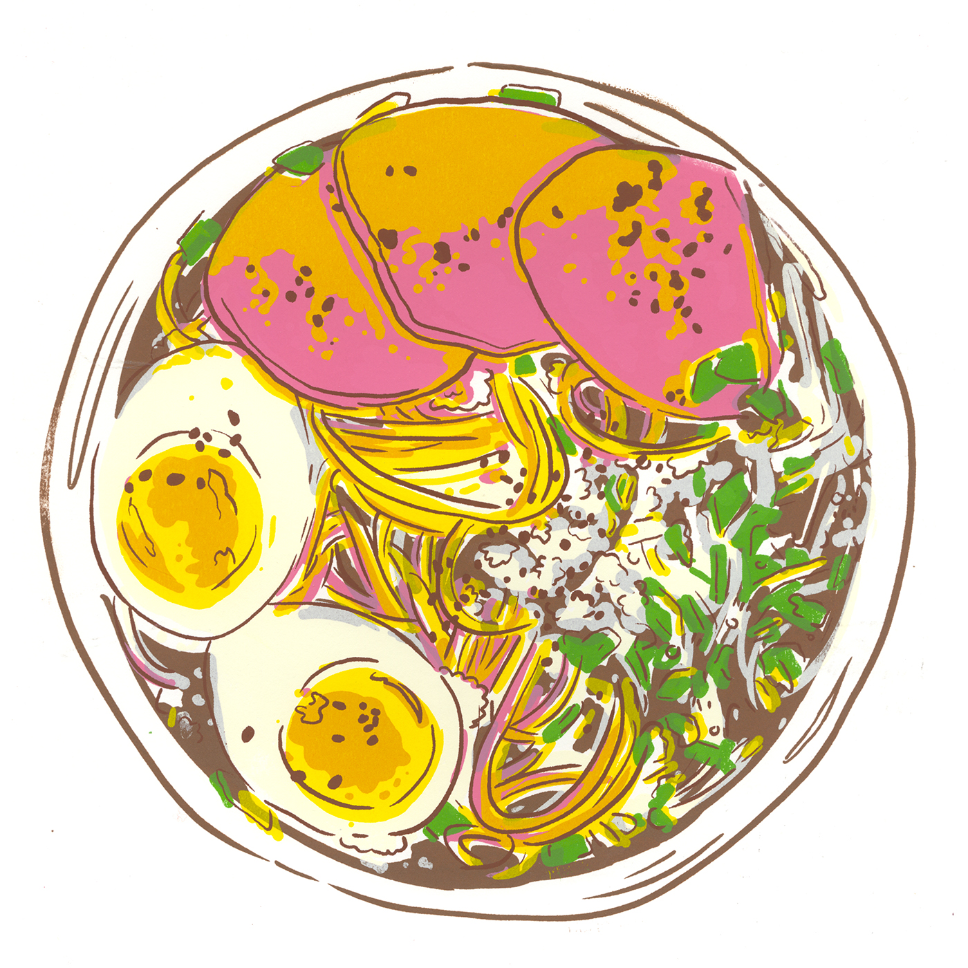 Screenprinting screenprint printmaking ramen Cereal salad Food  bowls food illustration