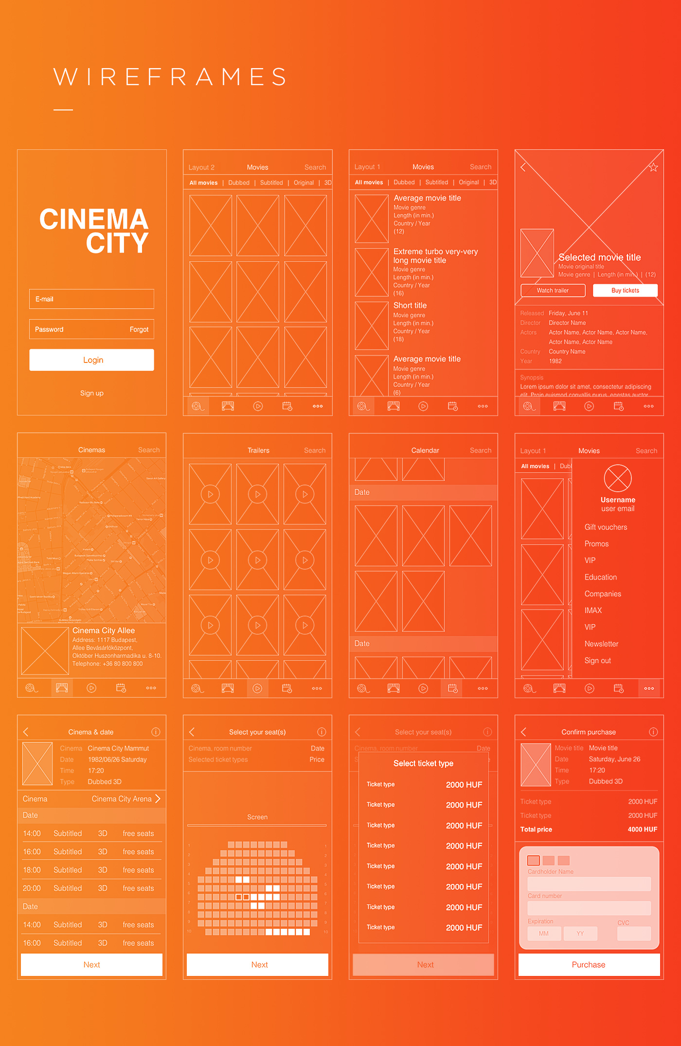 app movie Cinema UI ux wireframe screen Booking ticket ios