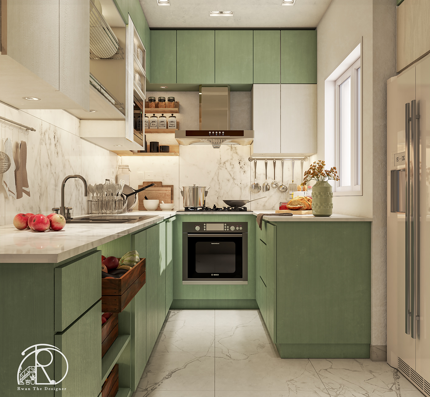 kitchen kitchen design pistachio HPL laminates Marble 3dsmax 3D Visualization Post Production small kitchen