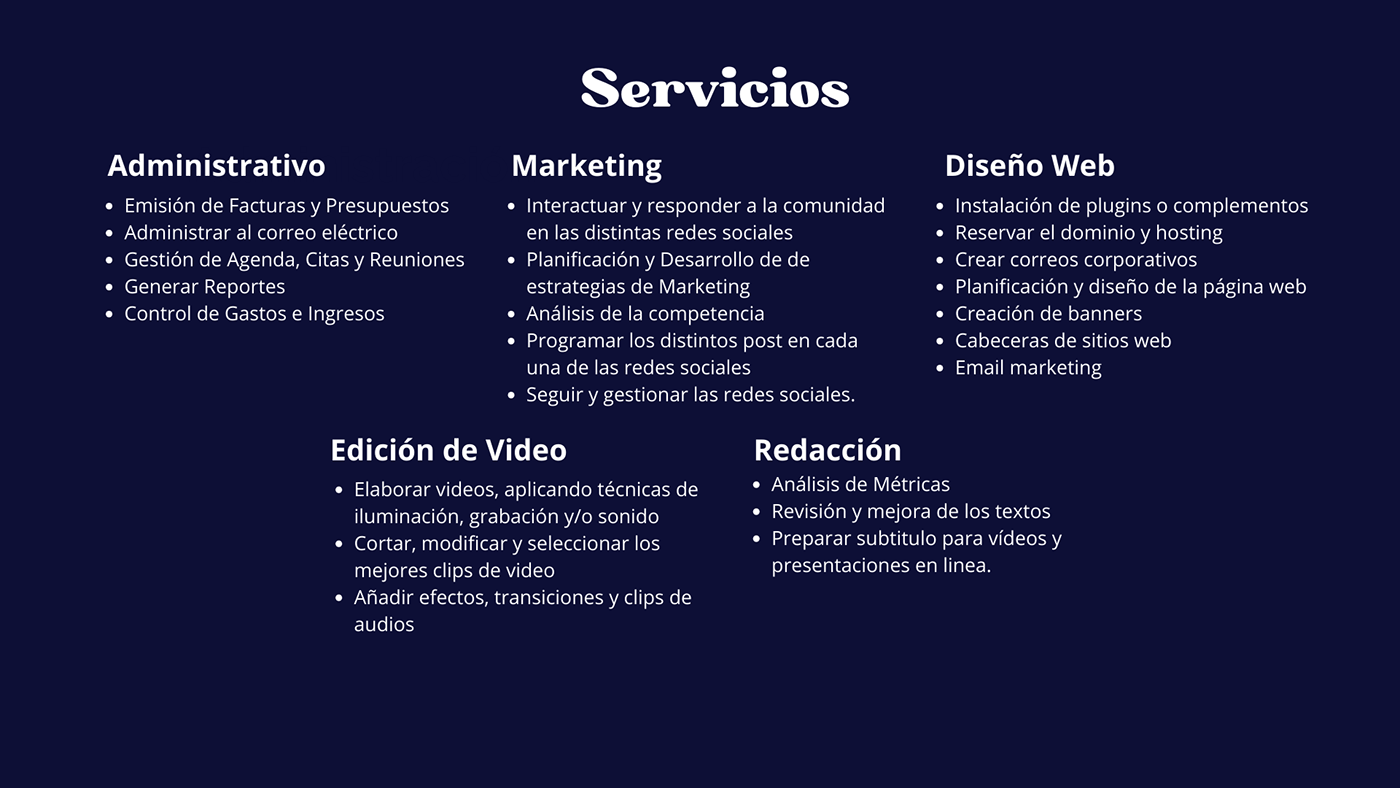 administration Edición de Video Diseño web email marketing atención al cliente trabajo remoto Teletrabajo homeoffice Asistencia Virtual