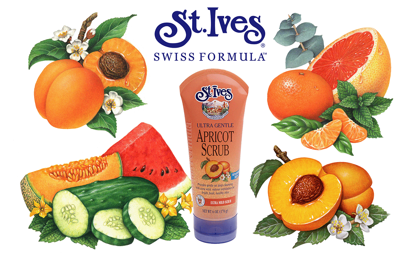 Fruit illustrations used on packaging for St. Ives personal care products.