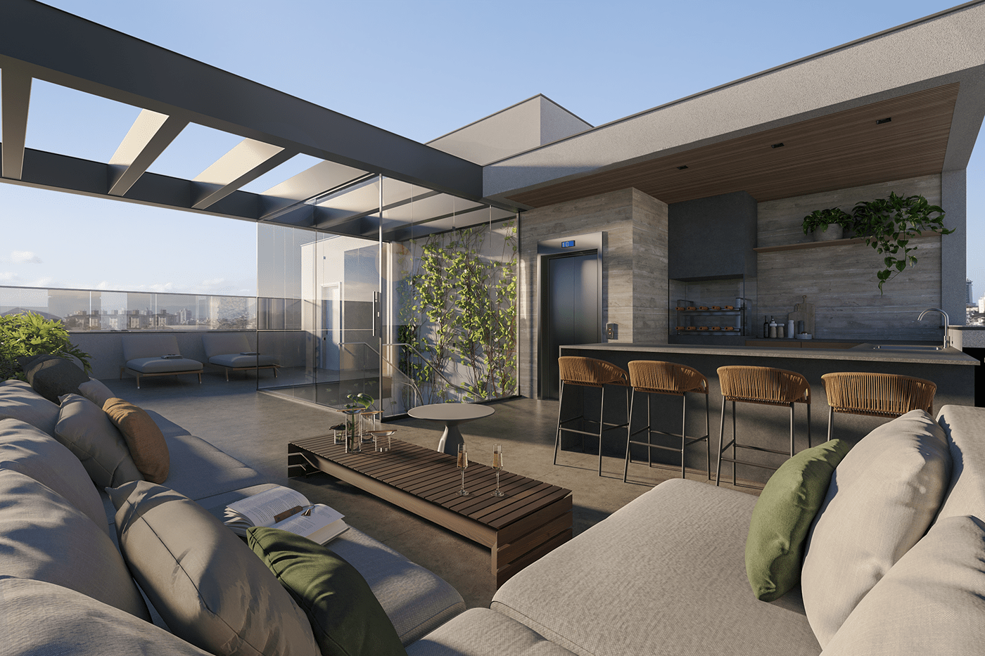 condominium interiordesign building rooftop livingroom kitchen modern Render modernhouse realstate