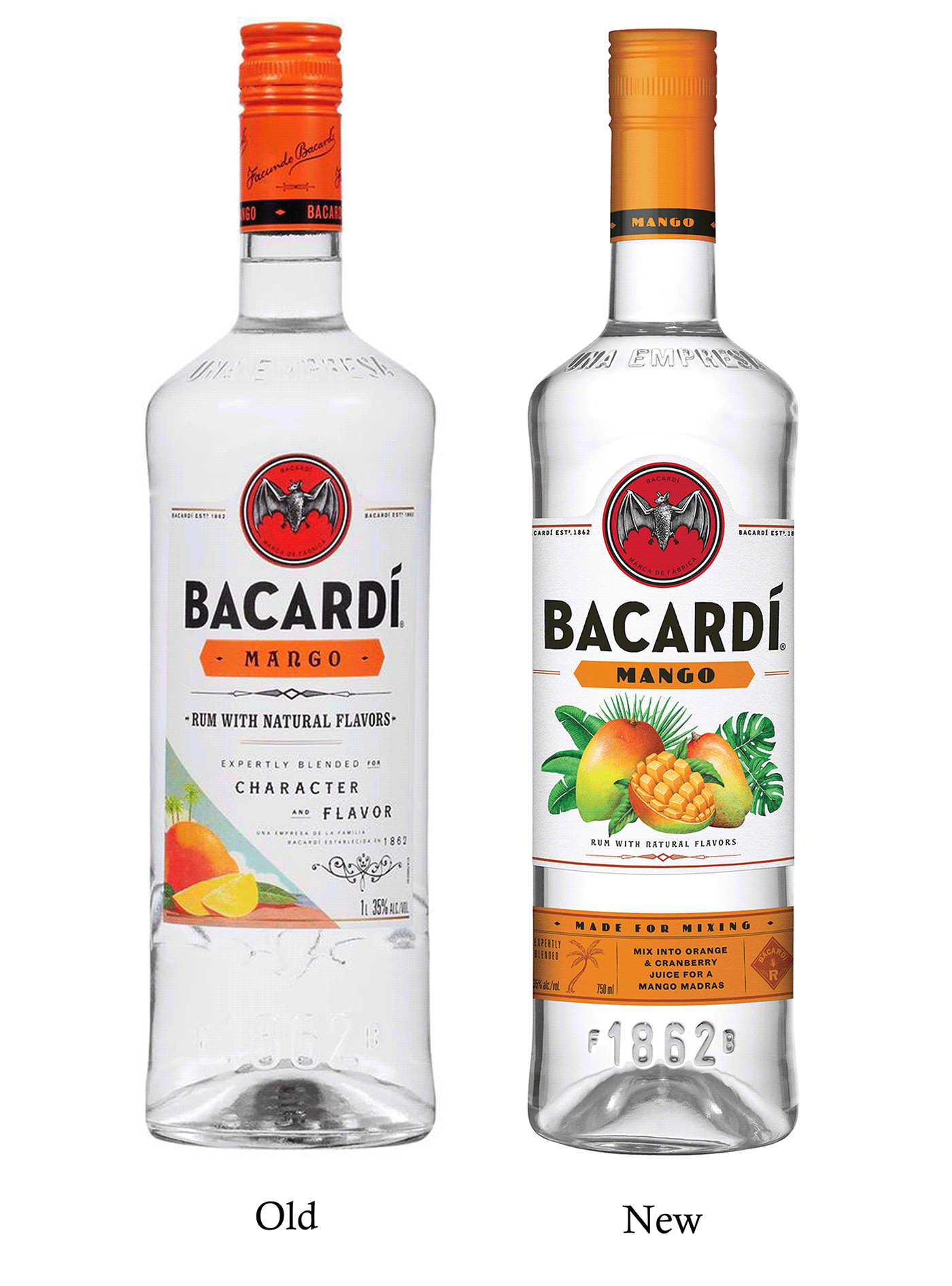 Old and new bottles of Bacardi Mango Rum.