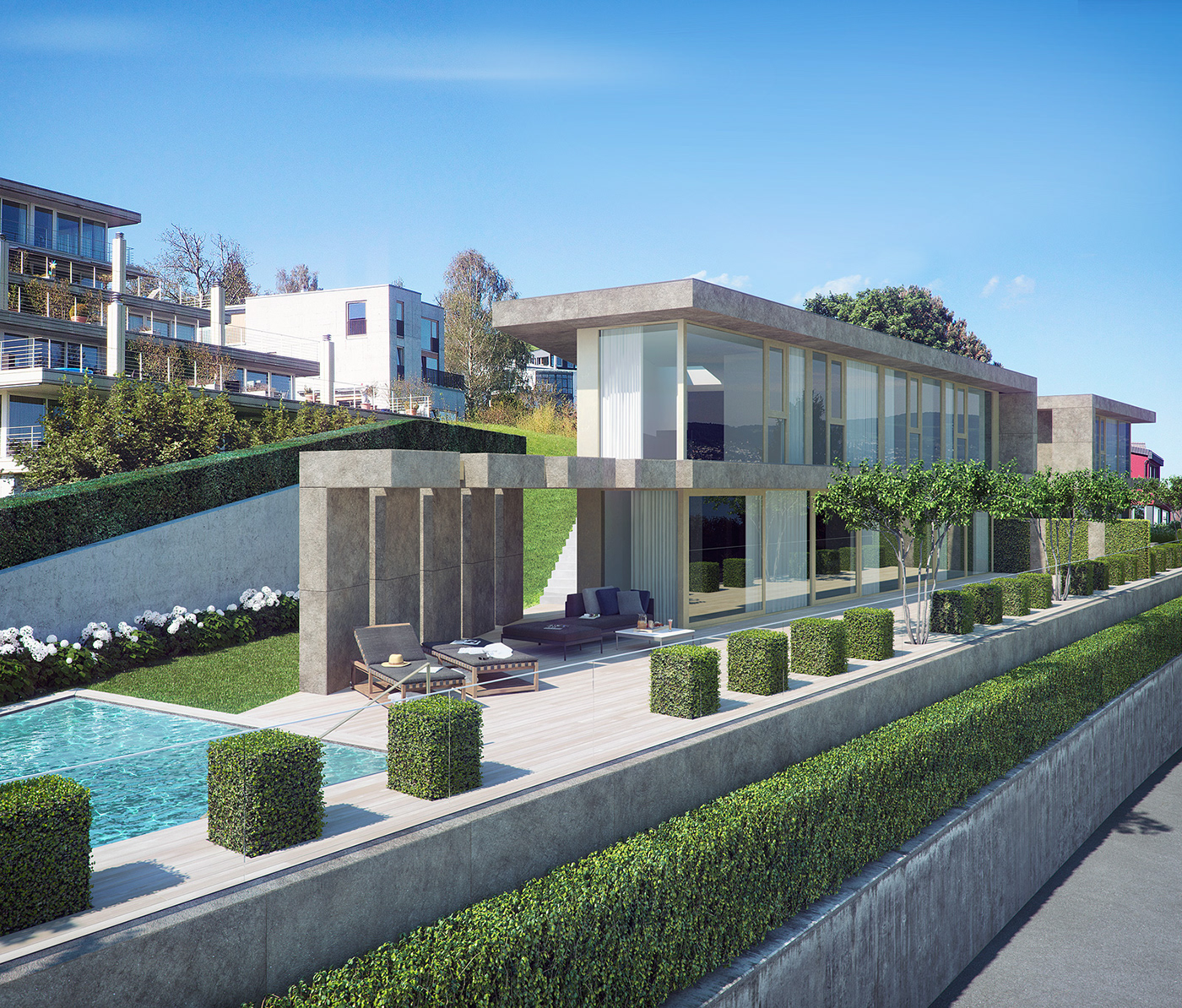 3D Render house luxury garden plants green Pool swimming Sun bright