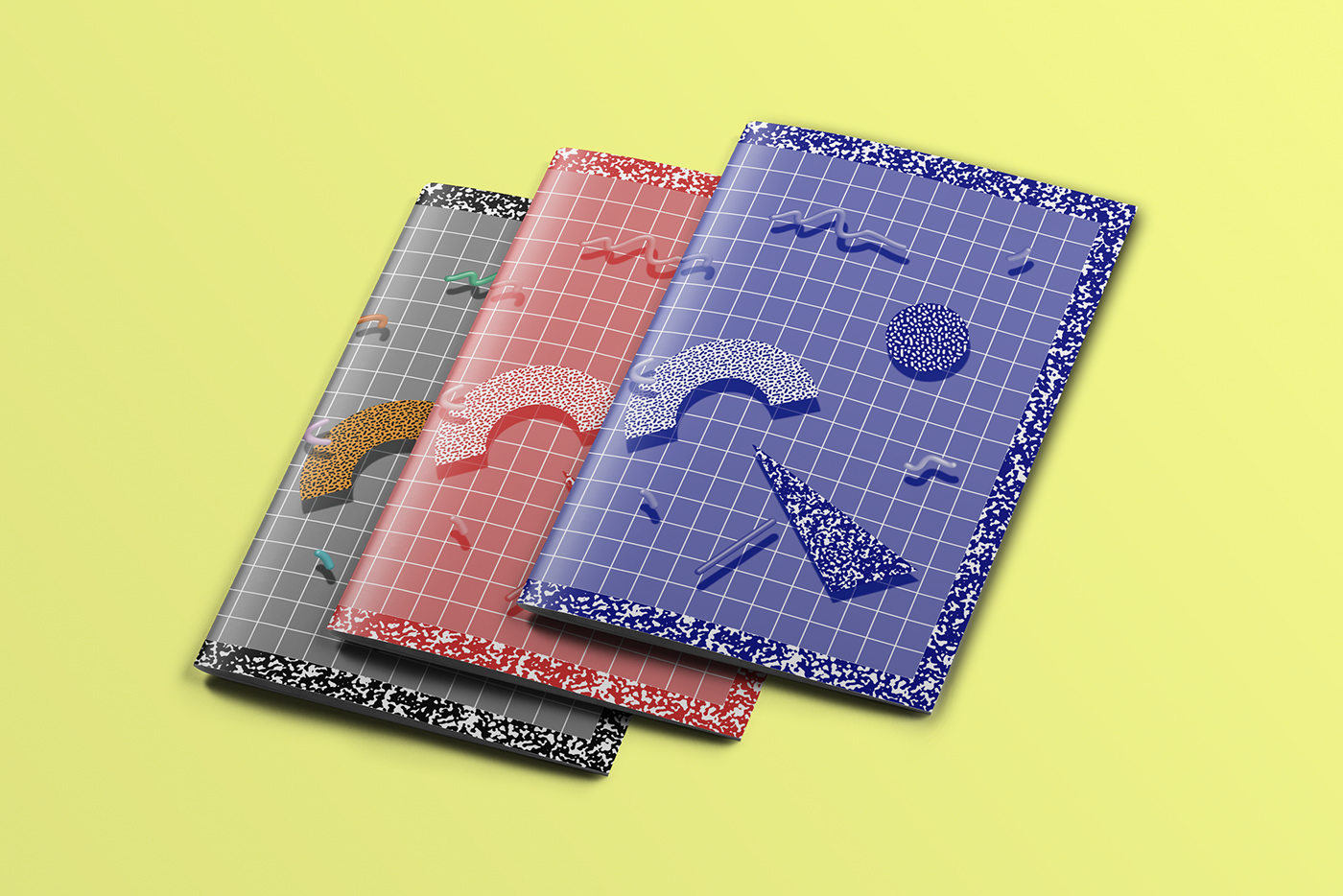 Memphis Collective post modernism 80's 90's notebooks vhs stationary sketchbook graph paper cover design pattern 3D shapes surreal white noise mock-up