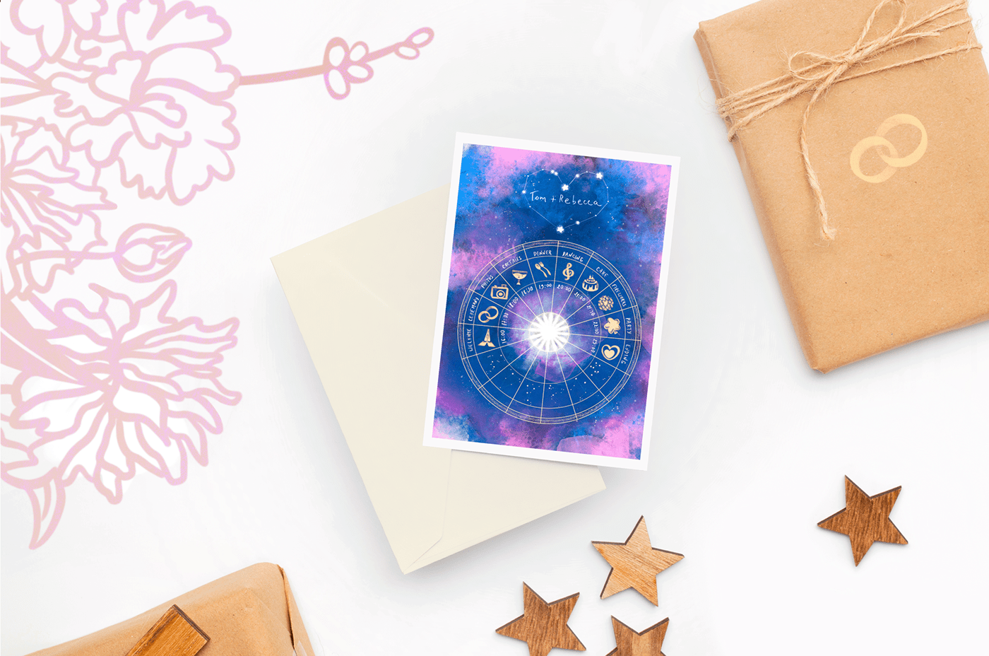 2D children illustration constellation galaxy watercolour wedding Wedding Card wedding invitation