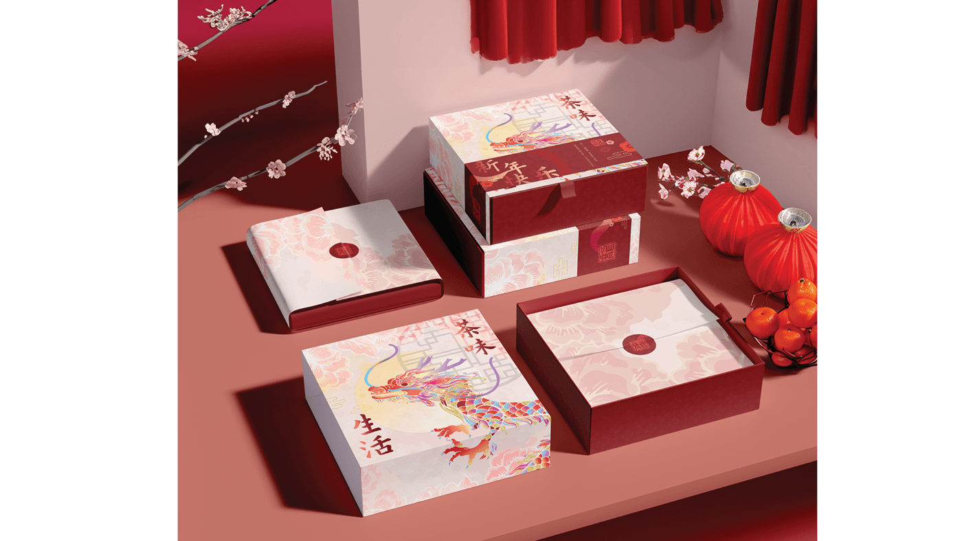 packaging design chinese new year graphic design  dragon Red Packet box Mockup Packaging product design 