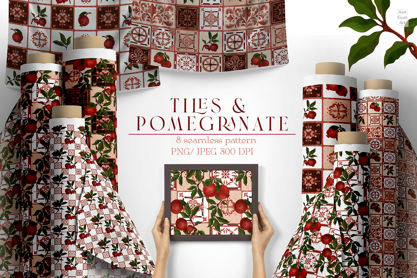 Seamless Pattern and clipart "Tiles and pomegranates" in terracotta, beige and burgundy colors