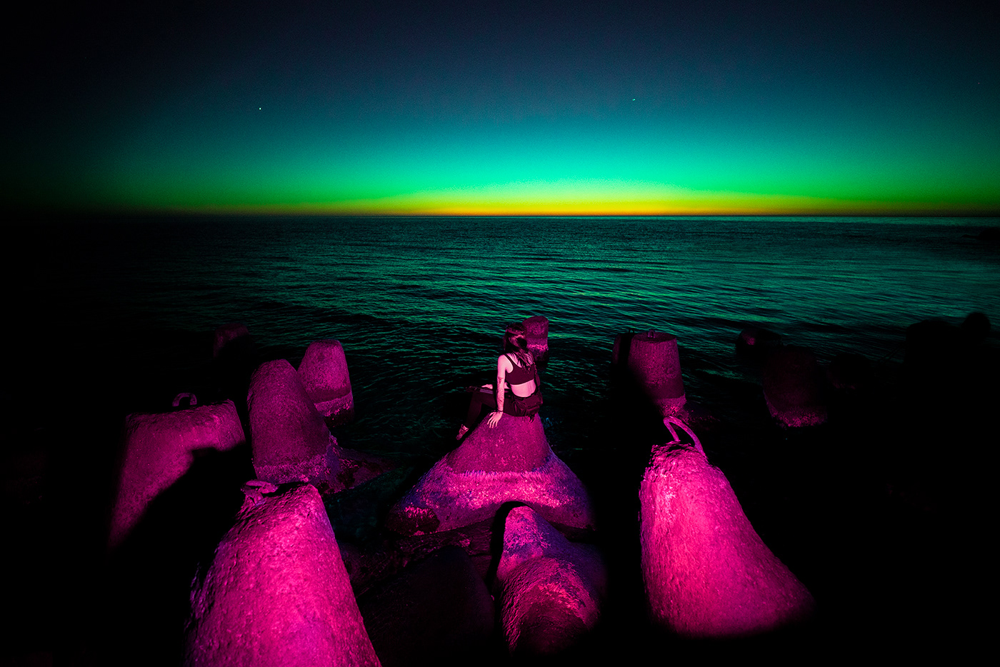 Beautiful Cyberpunk forest neon night nuclear Outdoor postapocalyptic sea women