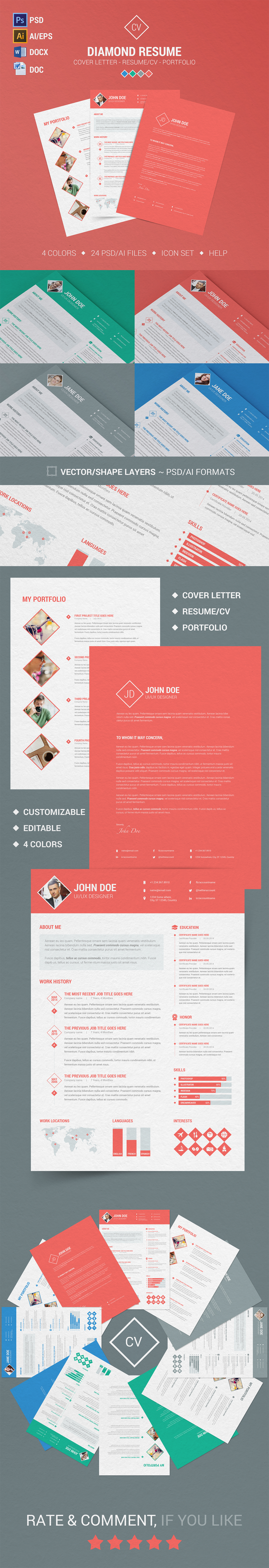 Resume CV 3 PIECE  cover letter portfolio minimalist template resume template word template trendy red profesional clean download