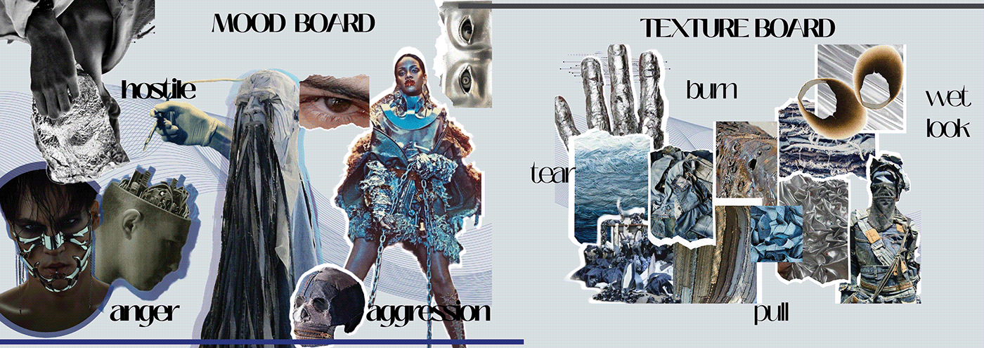 Denim resin metal fabric manipulation fashion design fashion illustration deconstruction reconstruction