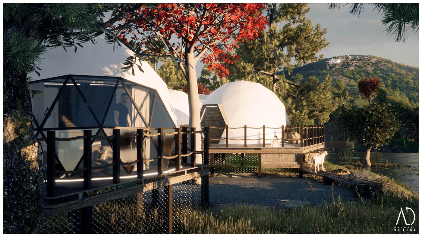 3D architecture camping dome Geodesic glamping Landscape Nature Render