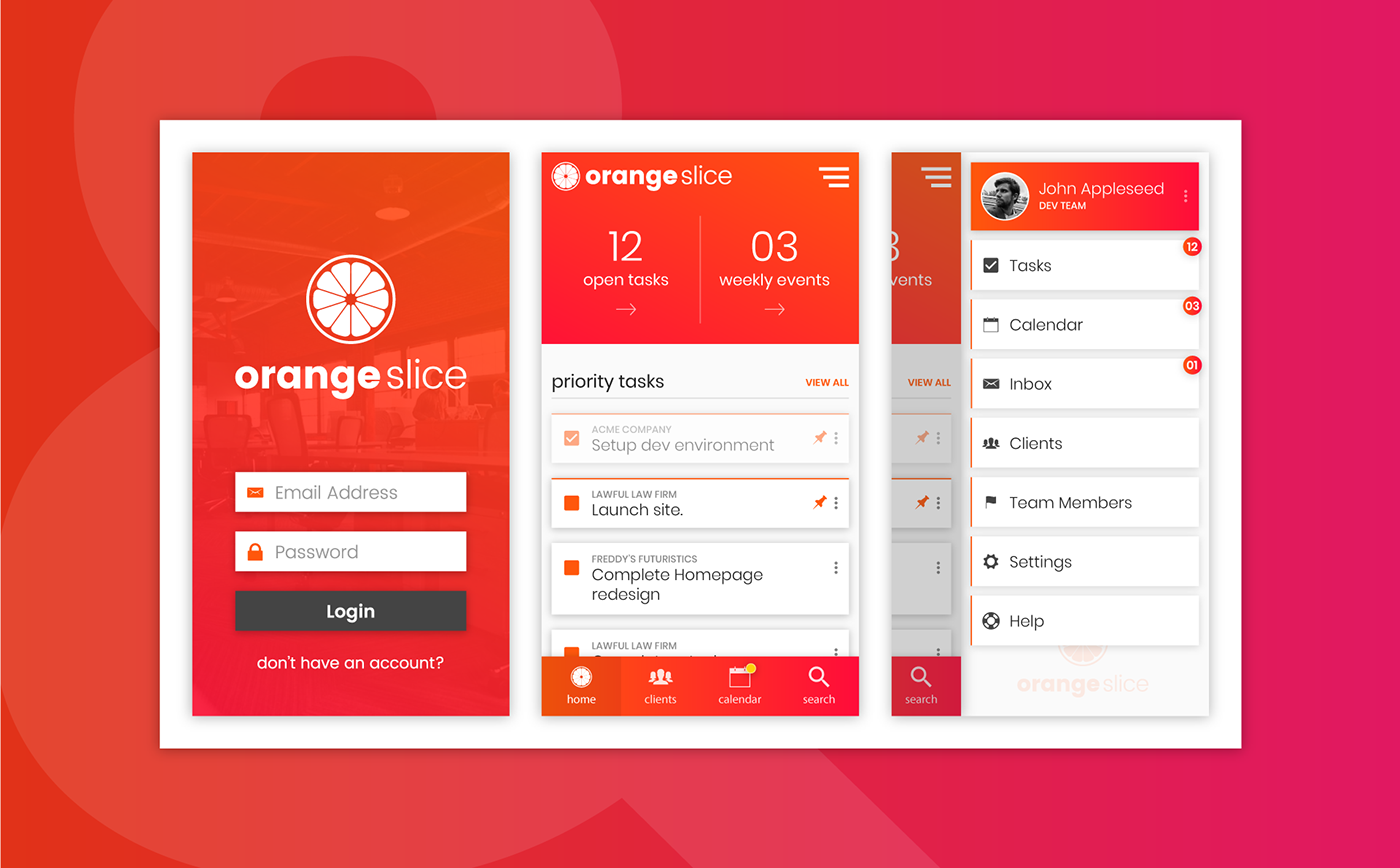 app design ui design UX design clean modern orange app development Mockup