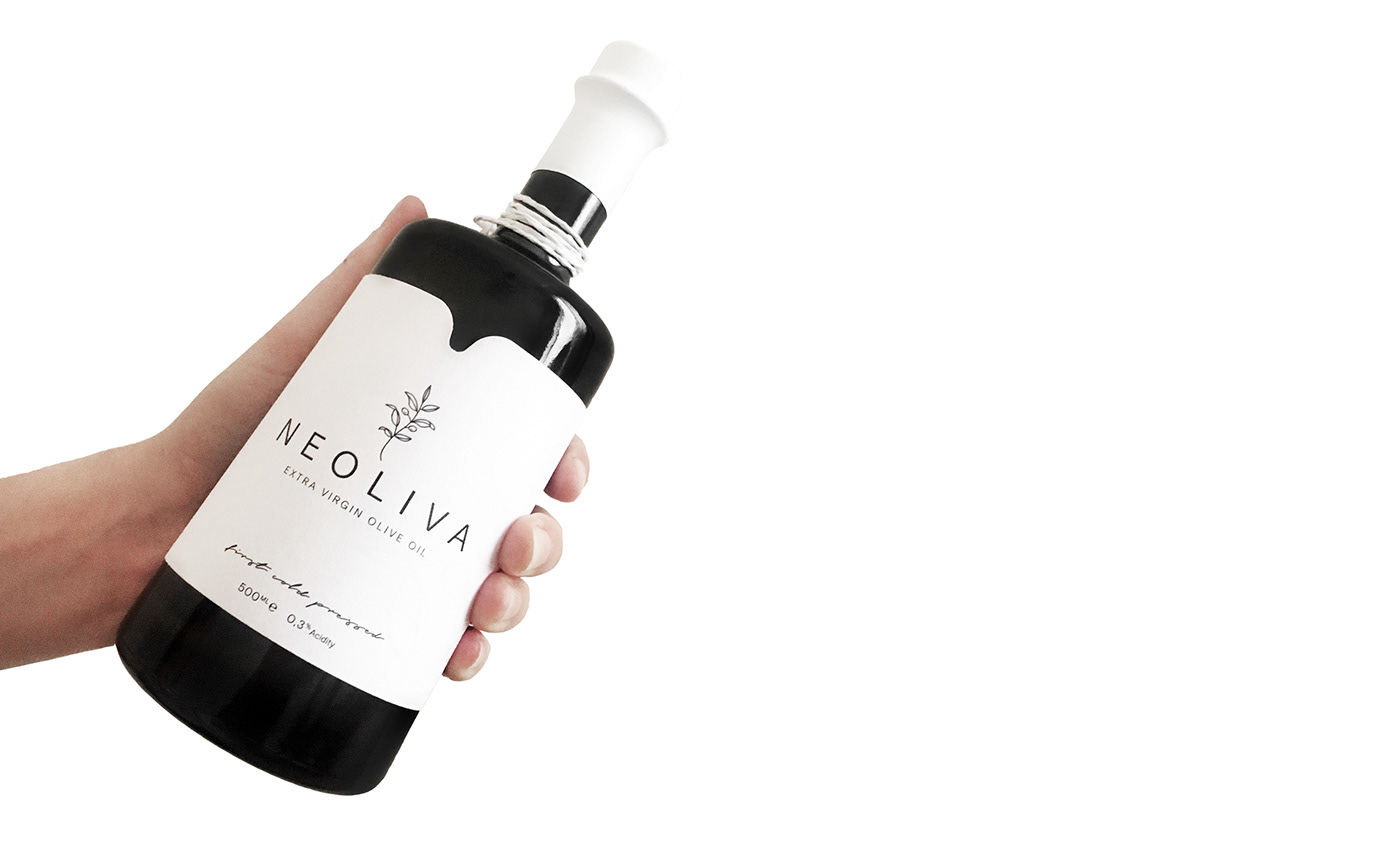 Neoliva Olive Oil bottle Packaging logo branding Label brand identity minimal product