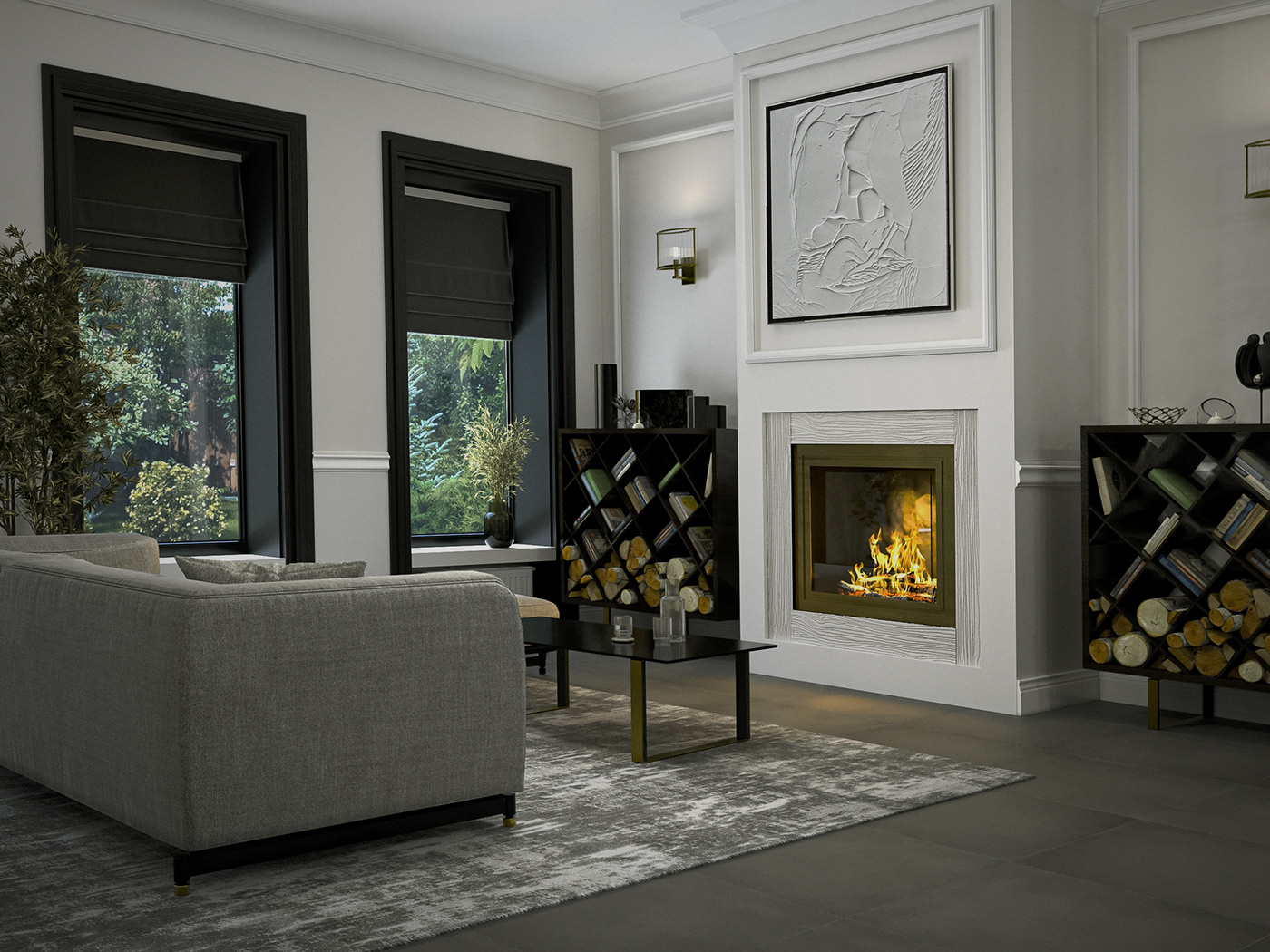 Interior design living room visualization 3ds max Render 3D corona камин fireplace