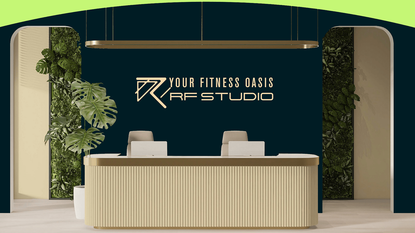 A front desk of the fitness studio with a live plant wall