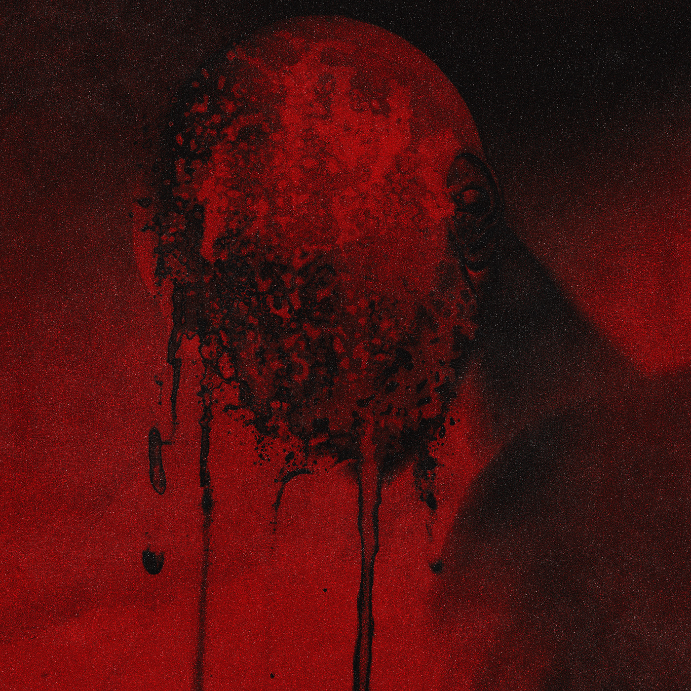 A faceless figure with a melted face, against a red background, the image is gritty and textured.