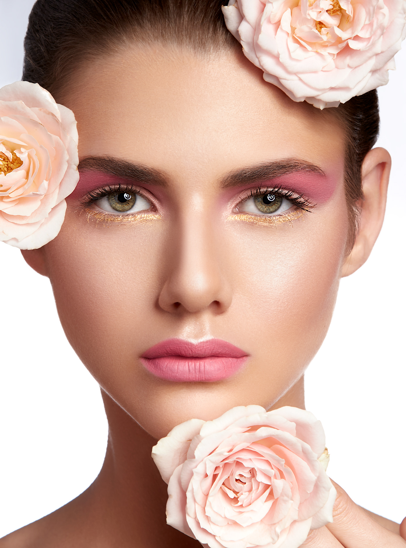 Beautiful beauty eyes face female Flowers girl lips makeup studio