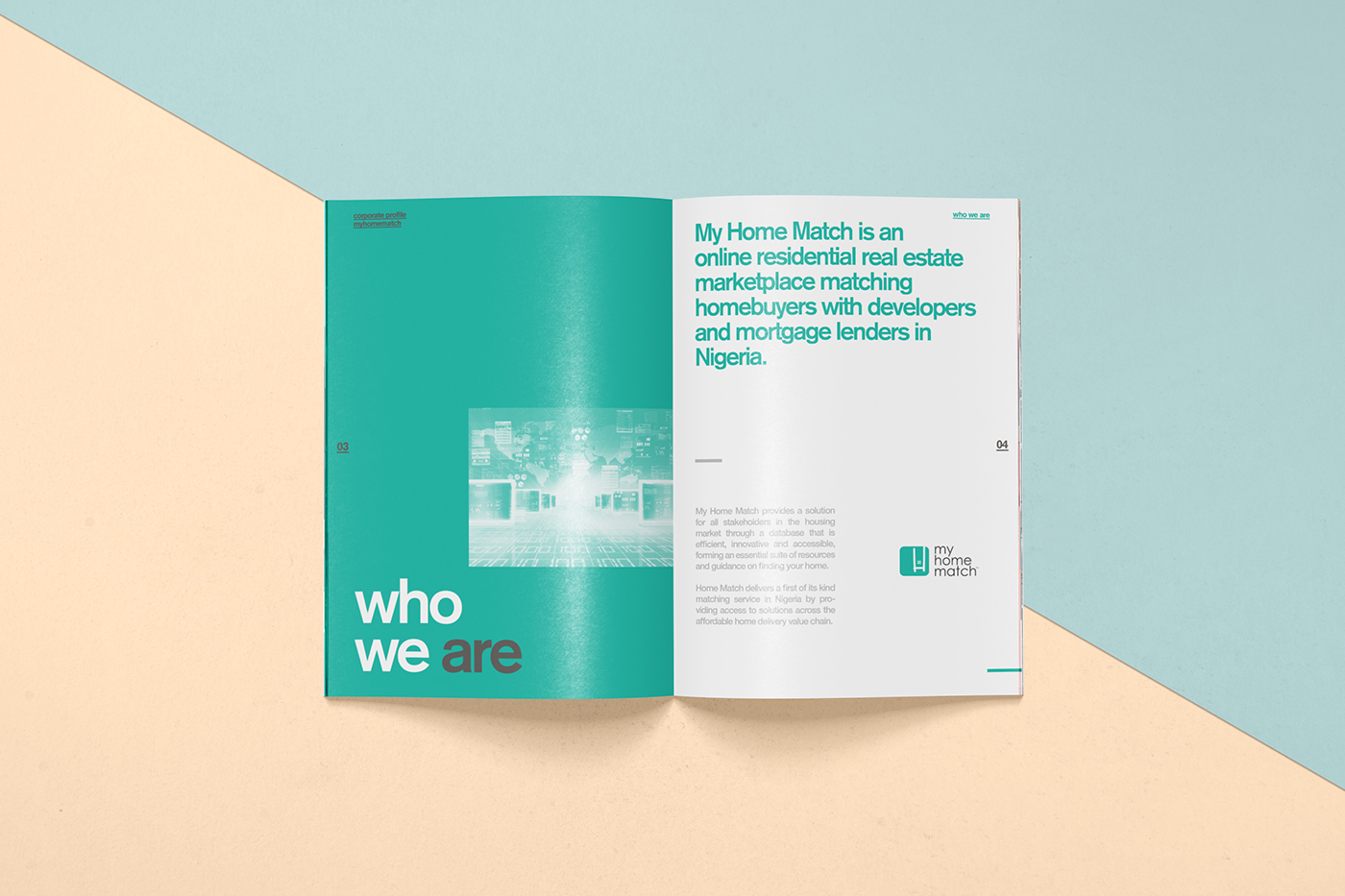 myhomematch design brochure Booklet Corporate Profile real estate Layout simple clean typographic bold company
