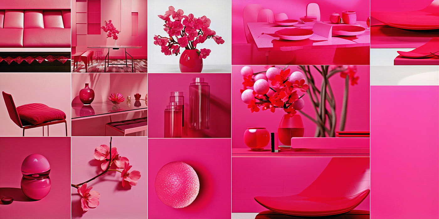 Pink-themed montage featuring elegant home decor, blossoming flowers, and modern furniture accents.