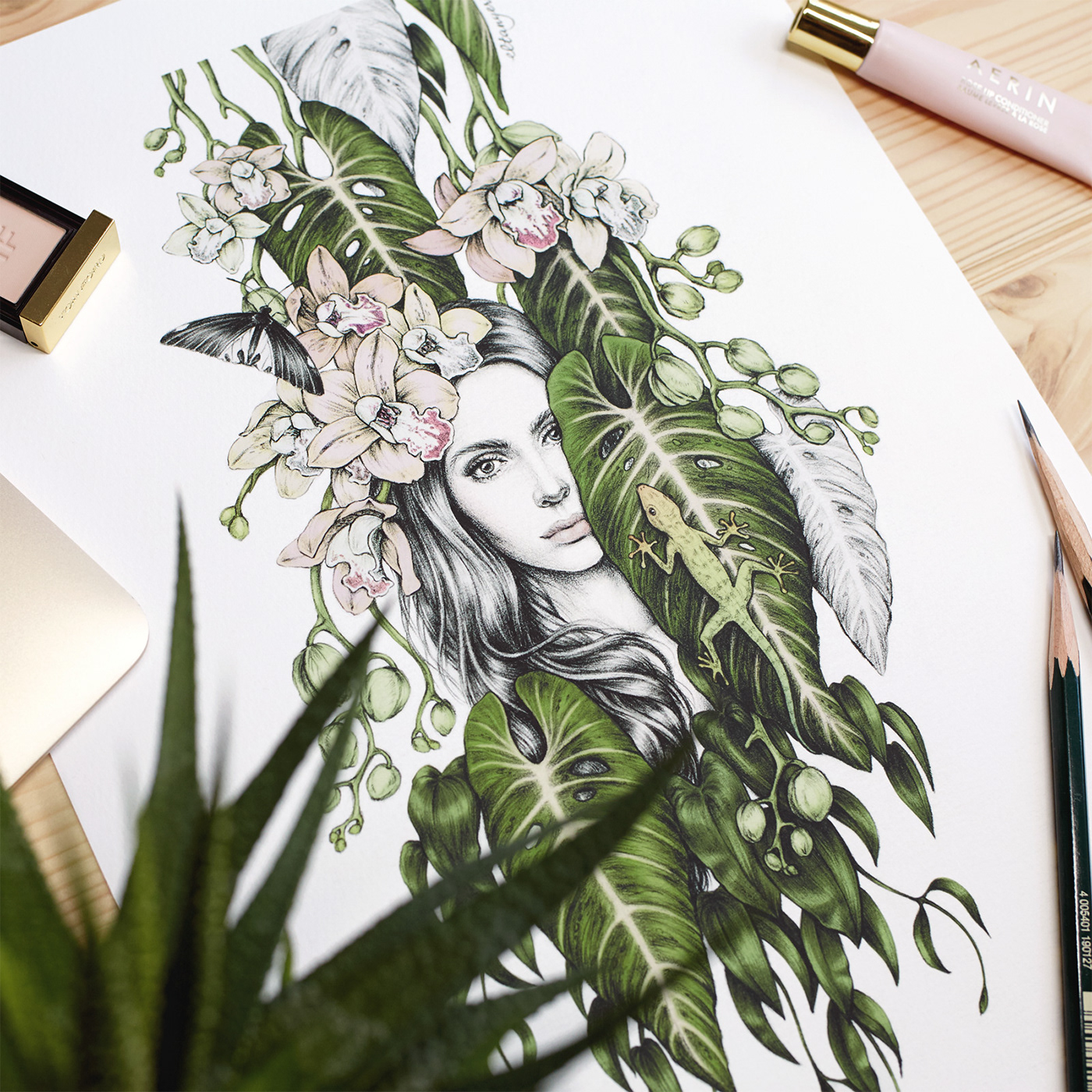 portrait girl face Tropical orchid leaves lizard Flowers exotic wildflower