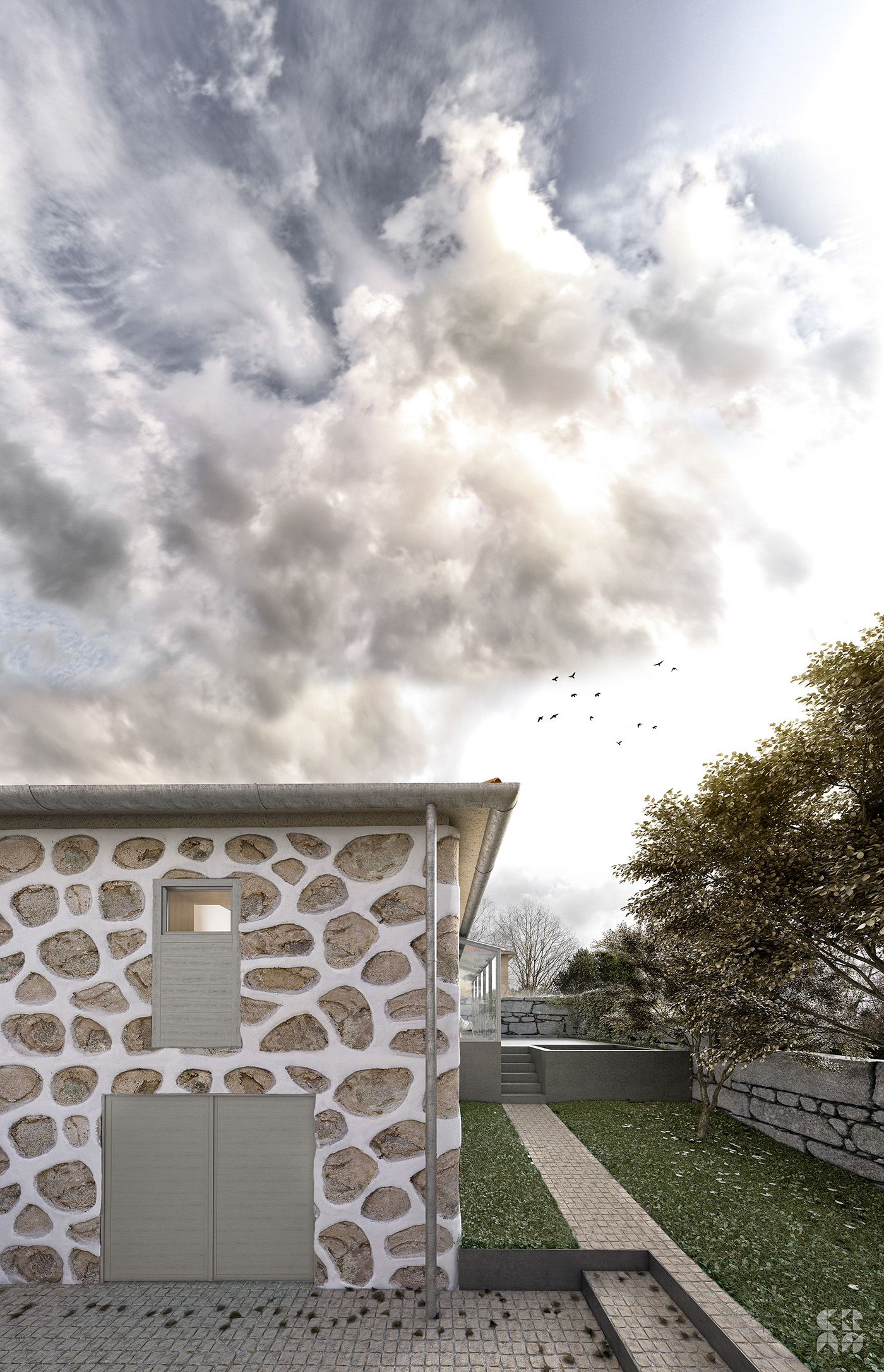3D Render rendering house restoration Interior living exterior photoshop 3dmax design forest 3D Rendering kitchen minimal
