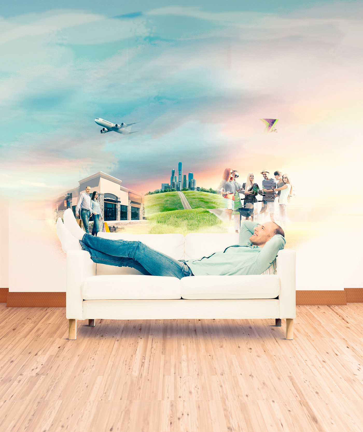 photoshop retouch relax man sofa sicoob Couch lounge barbecue grass Shopping blue purple airplane city