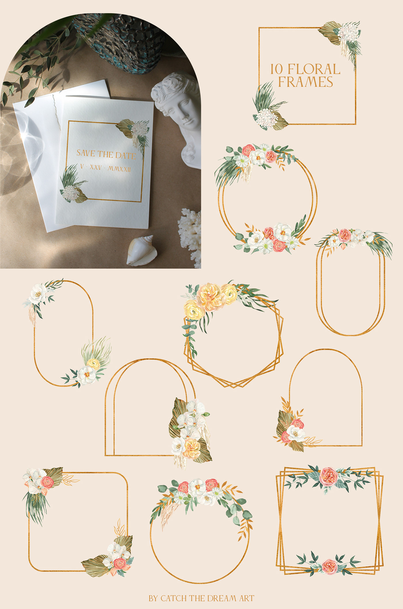 Watercolor gold geometric frames embellished with boho florals