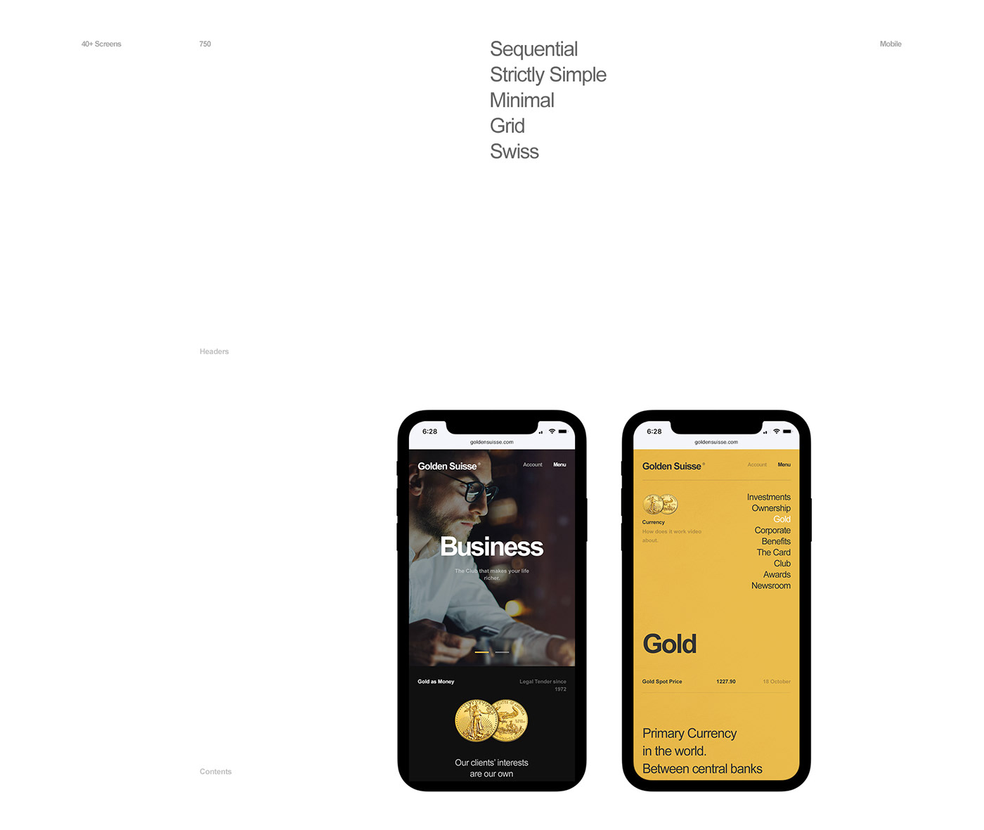 desktop mobile app minimal fullscreen gold black White UI ux