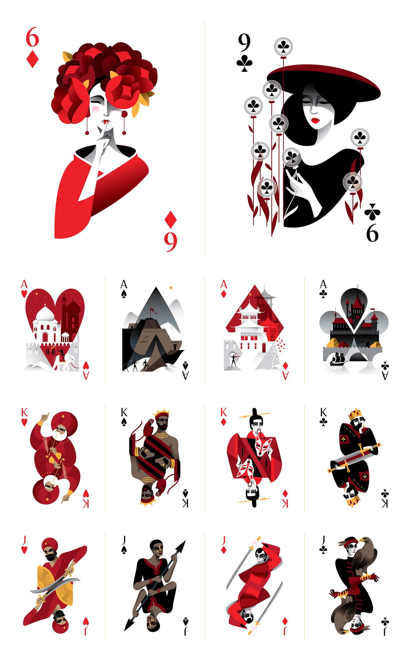 Poker Playing Cards cardistry kingdom vector art africa japan India Europe MARIA FEDOSEEVA