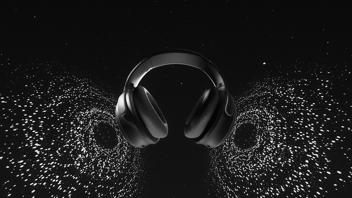headphones Bose motion graphics  particles black and white CGI Render product design  music sound