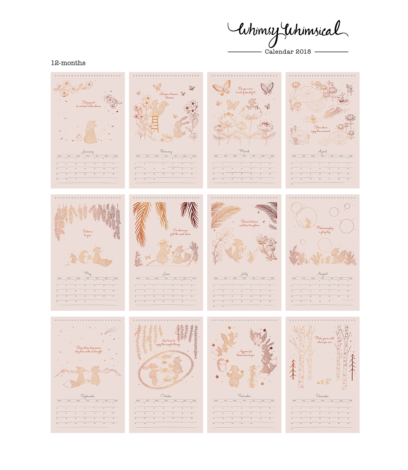 illustrations Stationery calendar calendar 2018 planner woodland forest animals copper foil desk calendar