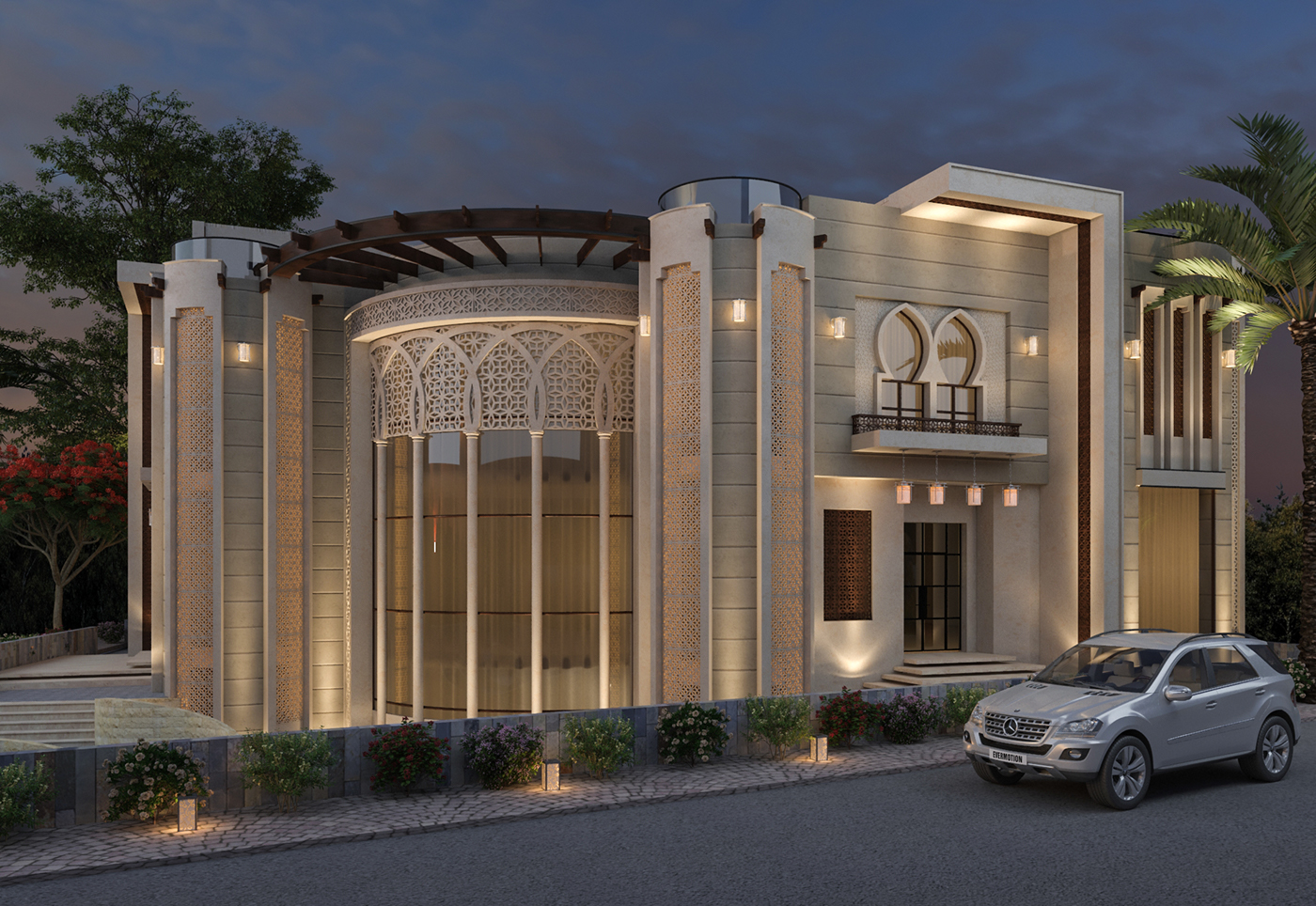 architecture Villa exterior design islamic pattern calssic night 3dsmax visualisation