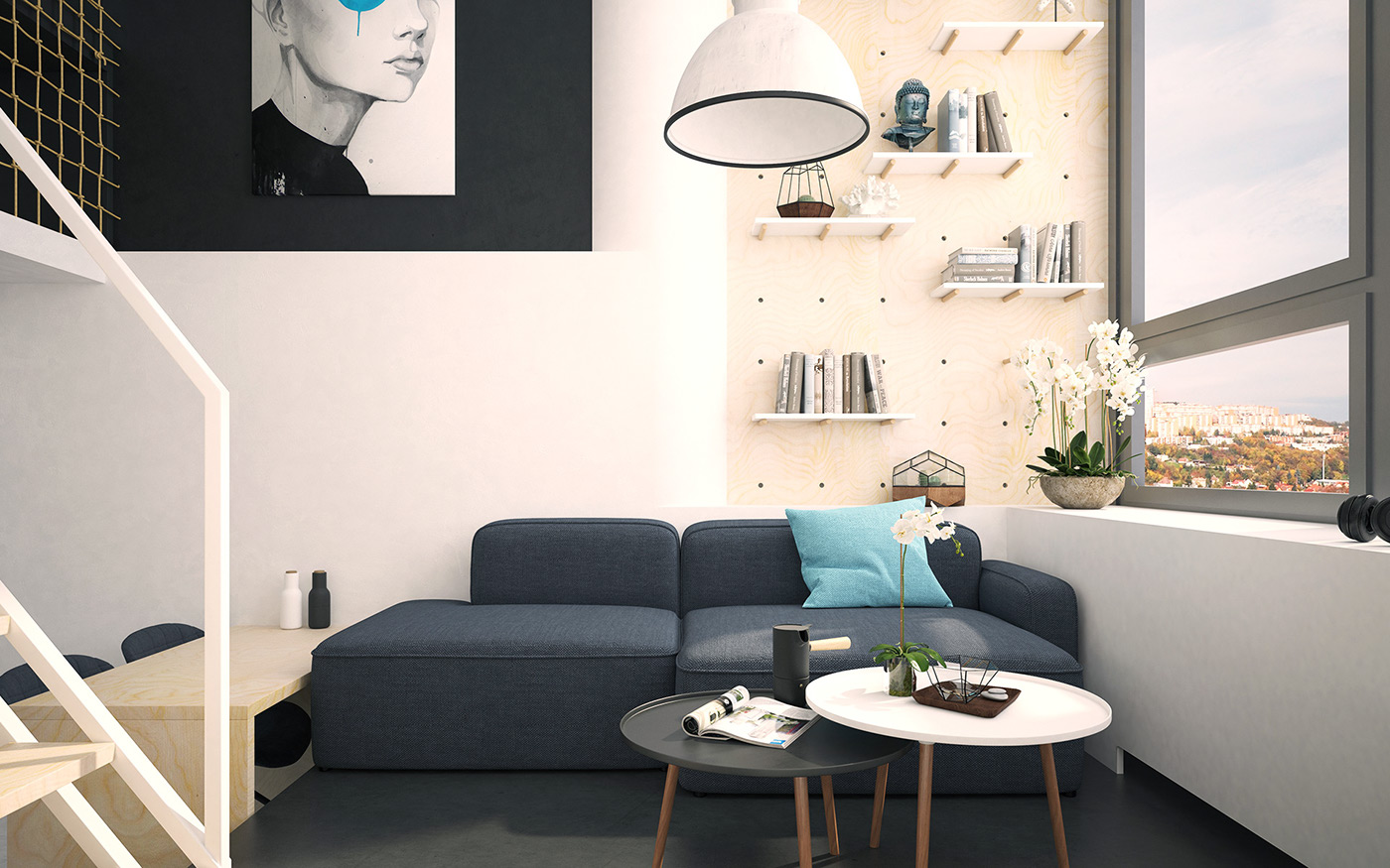LOFT small Interior modern 3D visualisation kitchen bedroom livingroom