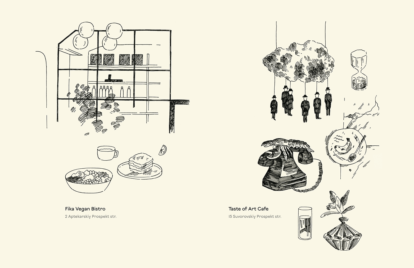 Two drawing of cafes made with an ink pen
