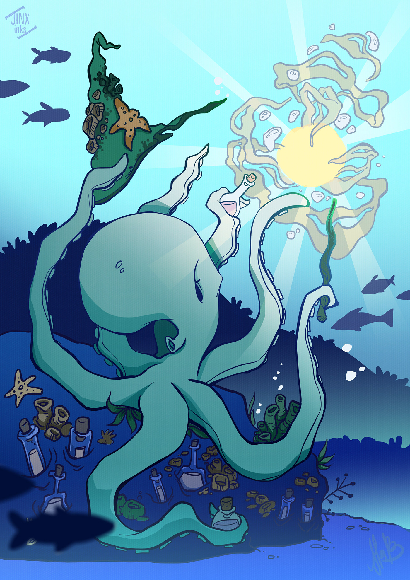octopus underwater sea Magic   ILLUSTRATION  cute witch magician