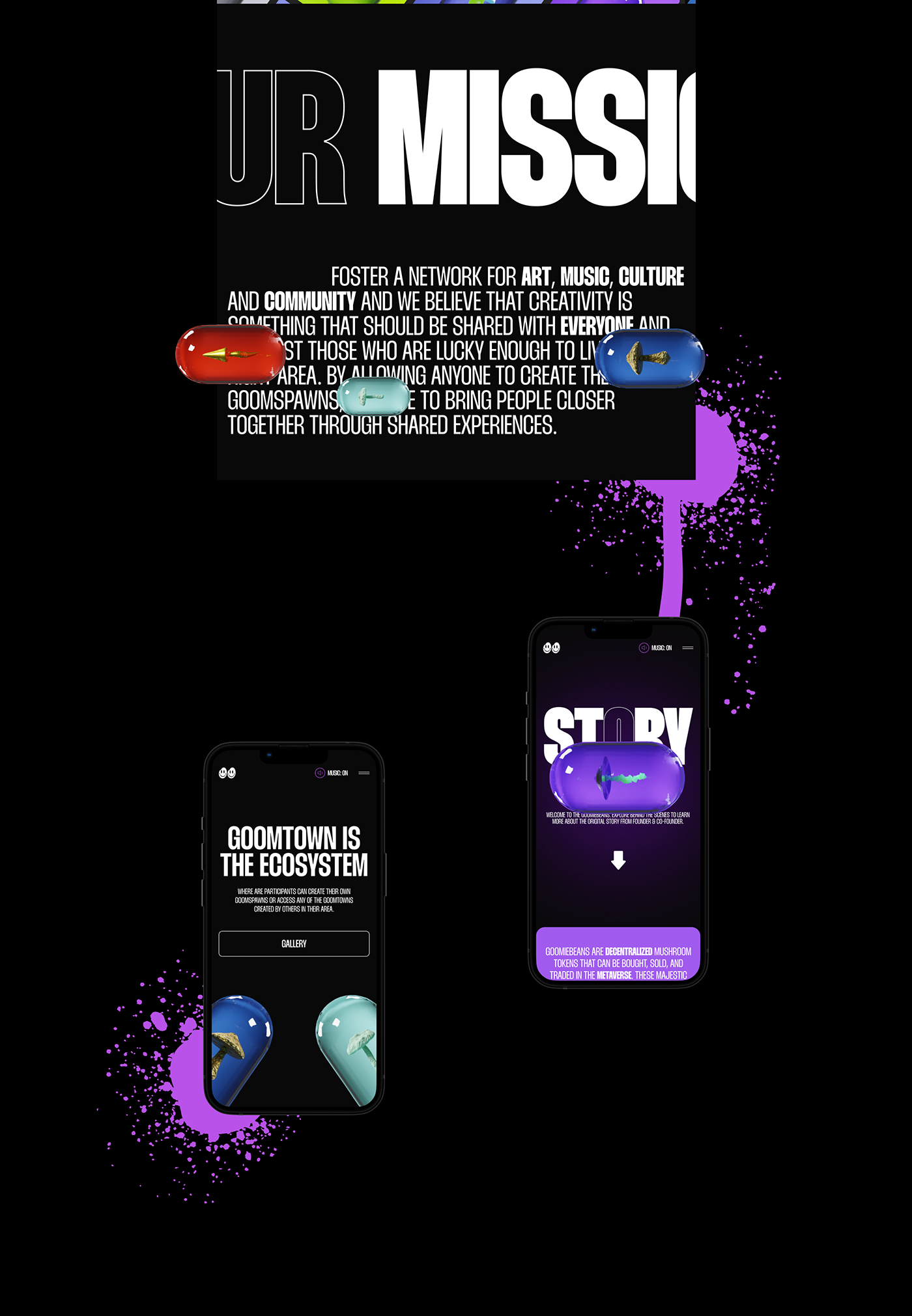 Story page desktop + mobile for Goomiebeans project. Web3 & NFT.