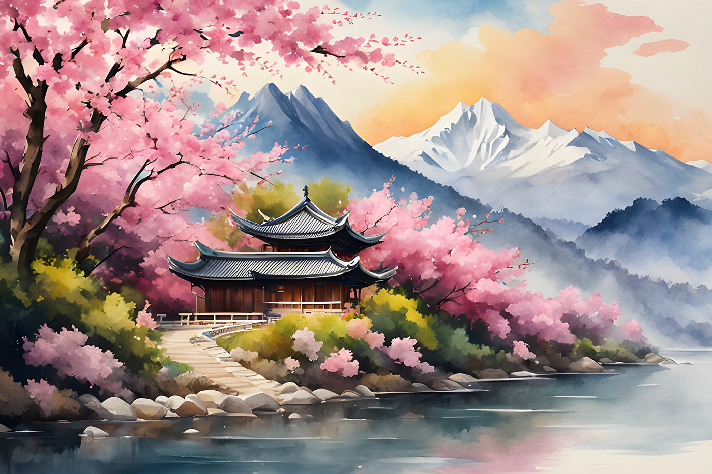 Cherry blossoms sakura Cherry Blossom spring Flowers Nature mountains Landscape ai Ai Art