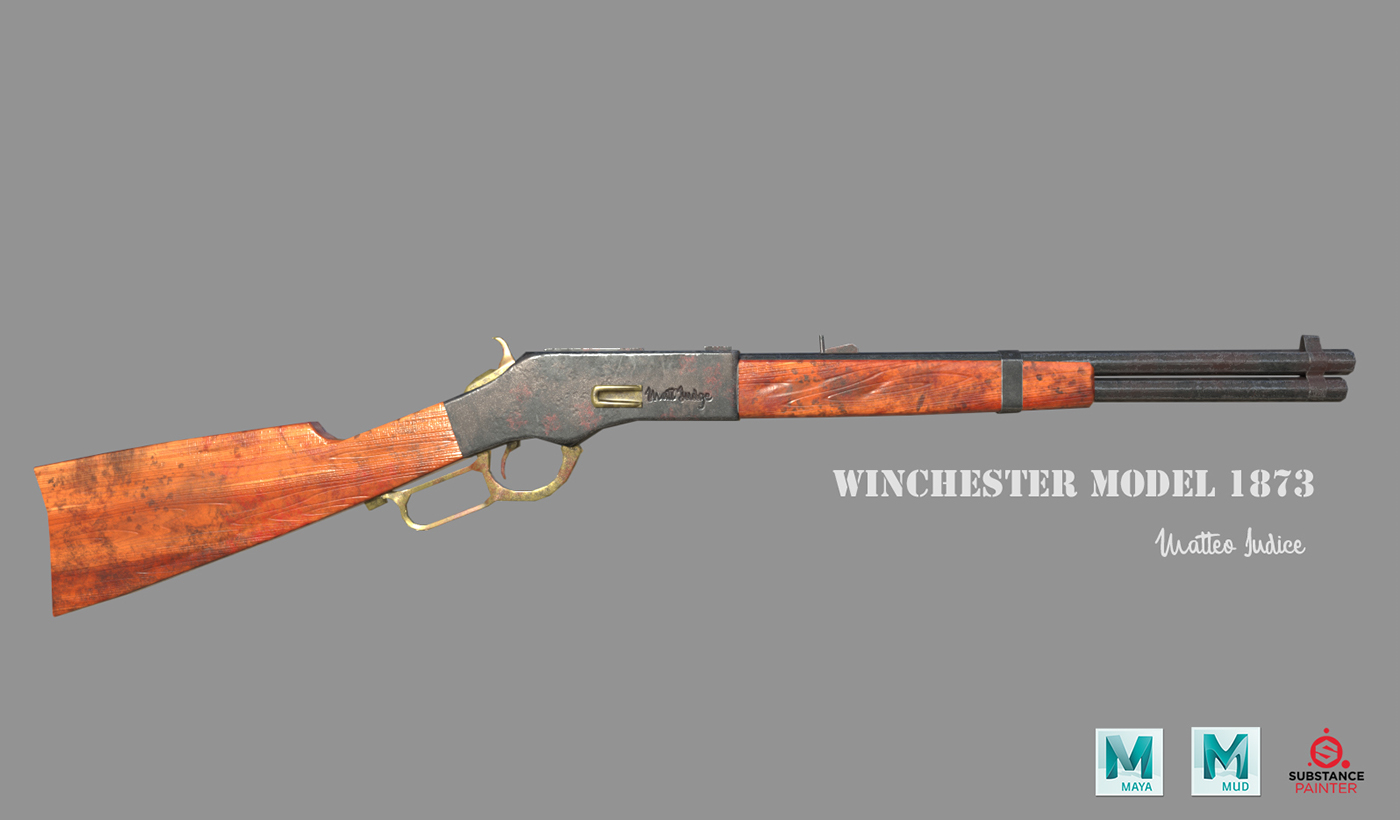 weapon.3d Winchester 1873 model Maya Mudbox subtsance painter texture wood ww2 War