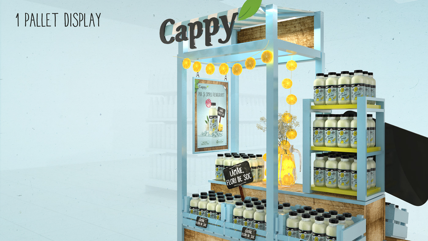 3d design cappy Display elderflower Exhibition  juice lemonade Pallet posm Stand