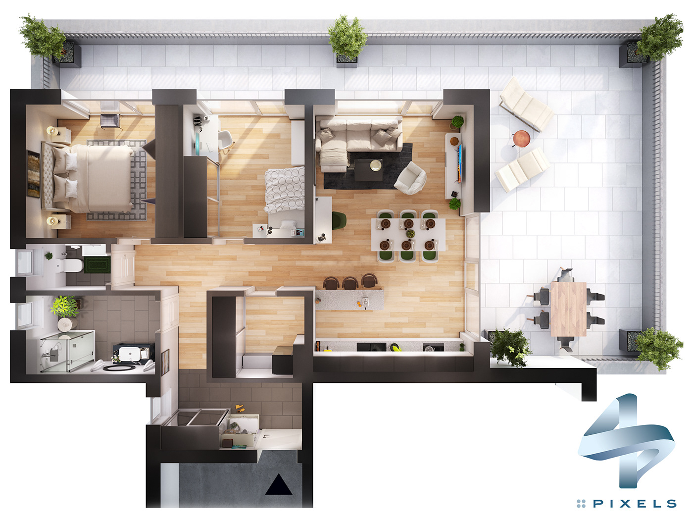 3D floorplan floorplan 3D Interior design CGI contemporary apartment topdown Layout