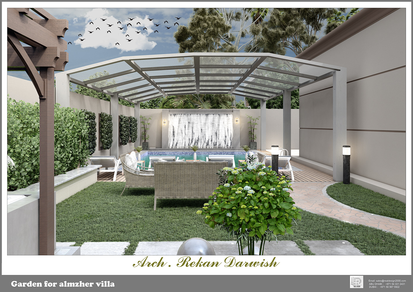 architecture design exterior fountain garden landsape modern Render swimming pool visualization