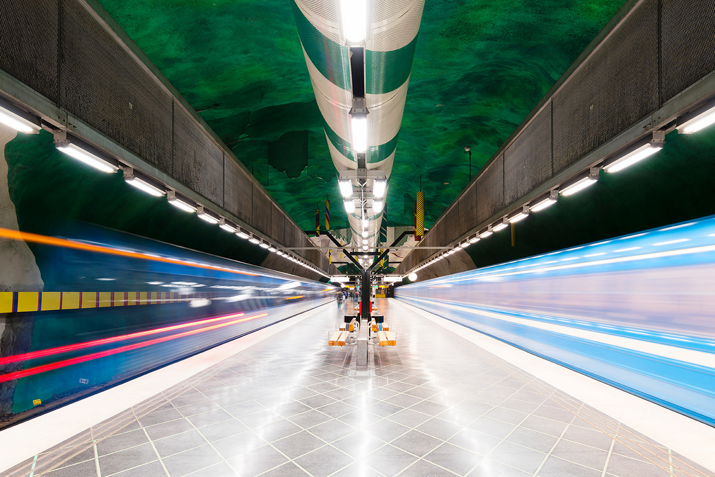 metro subway art Stockholm Sweden color underground long exposure trains