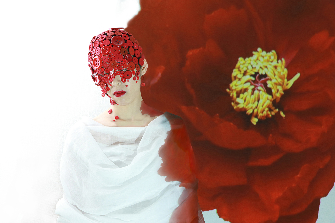 art photograph red woman flower button peony photoshop
