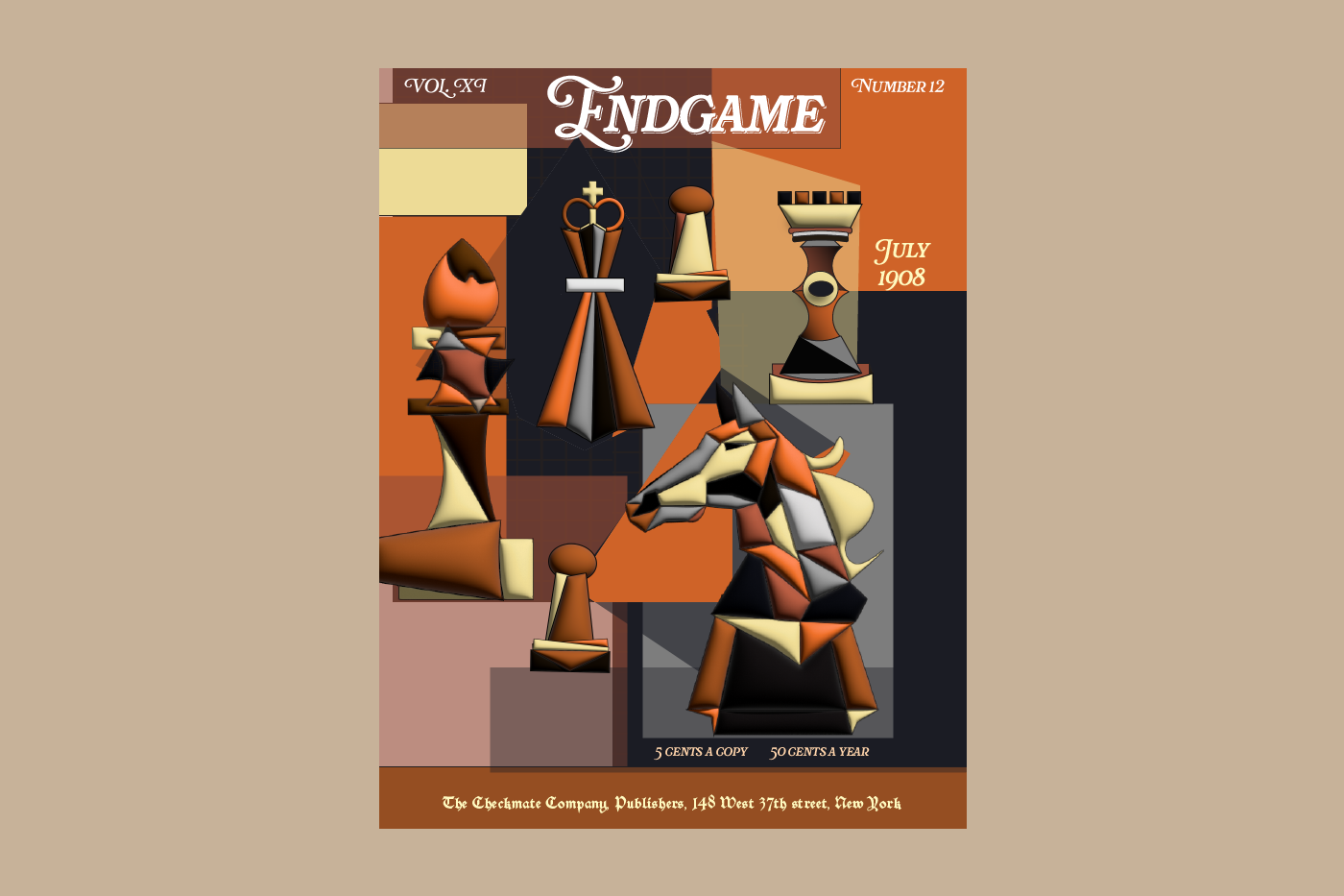 Fictional chess magazine cover that draws on elements of early 20th century cubism. 
