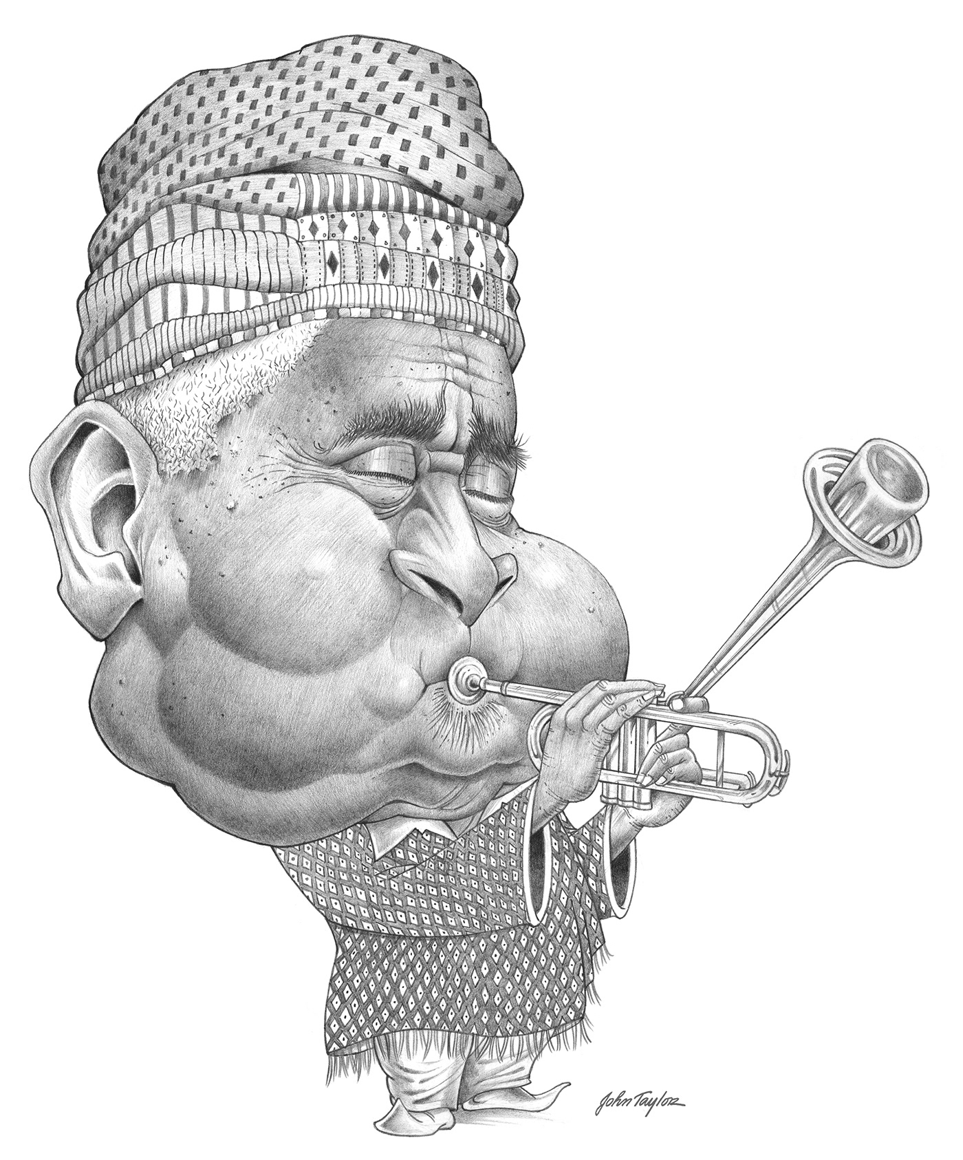 trumpet Pencil drawing portrait caricature   bullfrog Dizzy Gillespie Jazz musician night in Tunisia